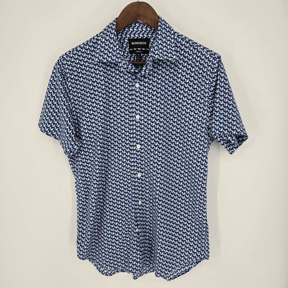 Mens Bonobos Riviera Short Sleeve Button-Up Shirt Navy Beckbury Geo Small